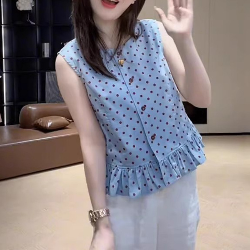 Korean-Style Sweet Polka-Dot Ruffled Sleeveless Shirt for Women, Summer Plus-Size Unique and Beautiful Slim-Fit Tank Top
