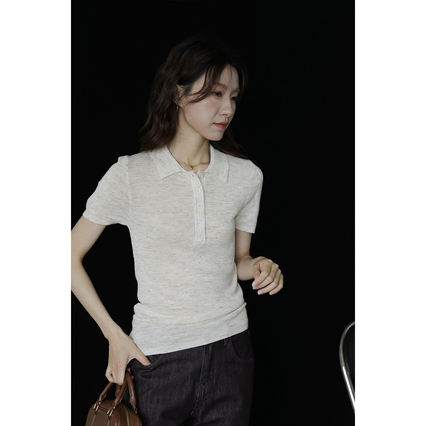 老钱风Polo领针织短袖T恤女夏修身显瘦百搭翻领简约夏季纽扣上衣