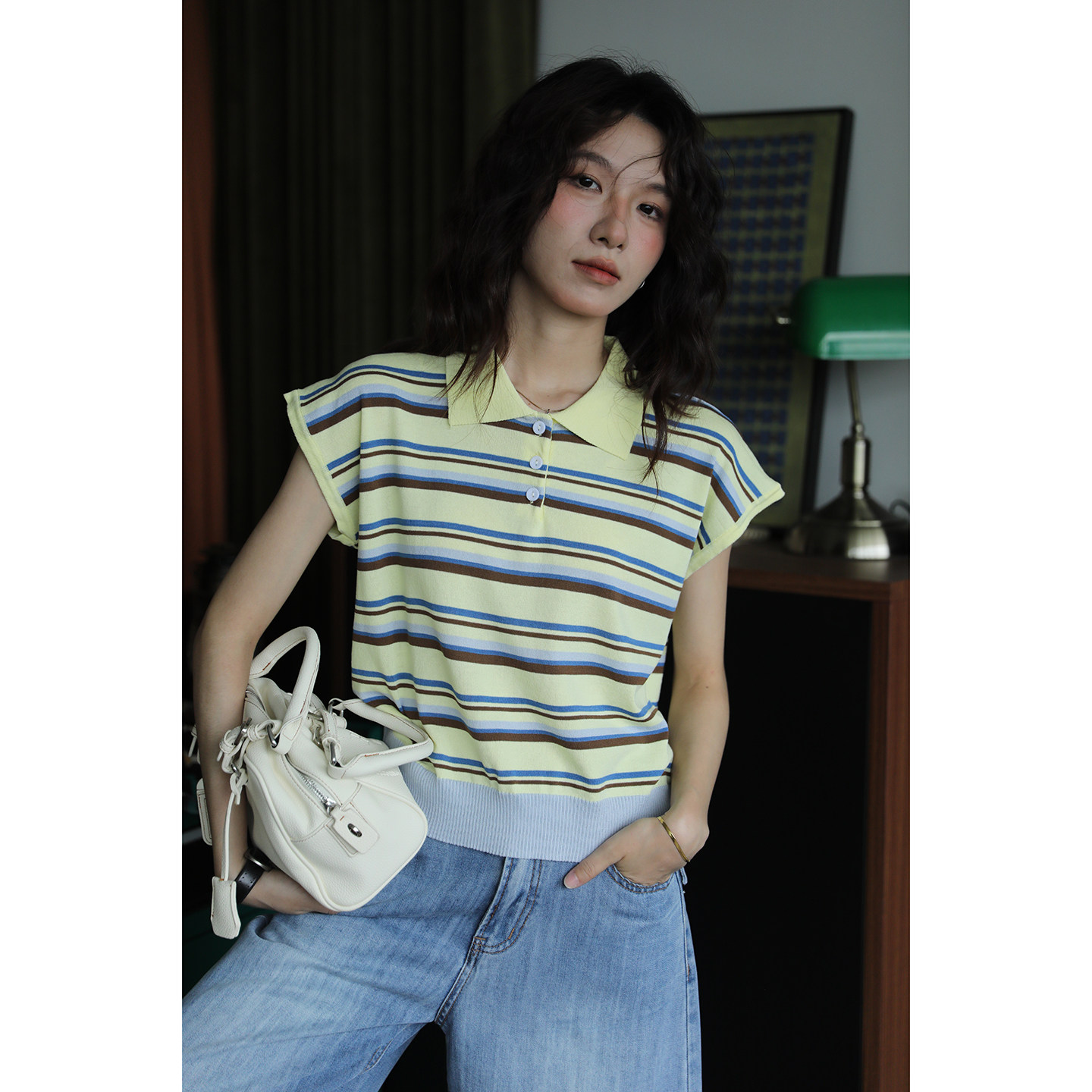 毛针织设计感条纹简约通勤显瘦polo领短袖t恤女夏季小众撞色上衣