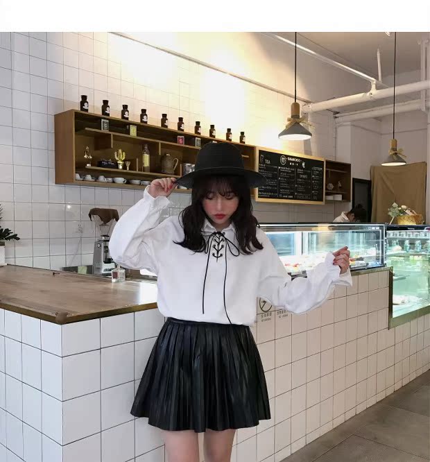 Mùa thu nữ phiên bản Hàn Quốc của áo sơ mi nhung mềm, cổ áo quây dây đeo kèn tay áo chạm đáy áo sơ mi nữ sinh viên sơ mi trắng