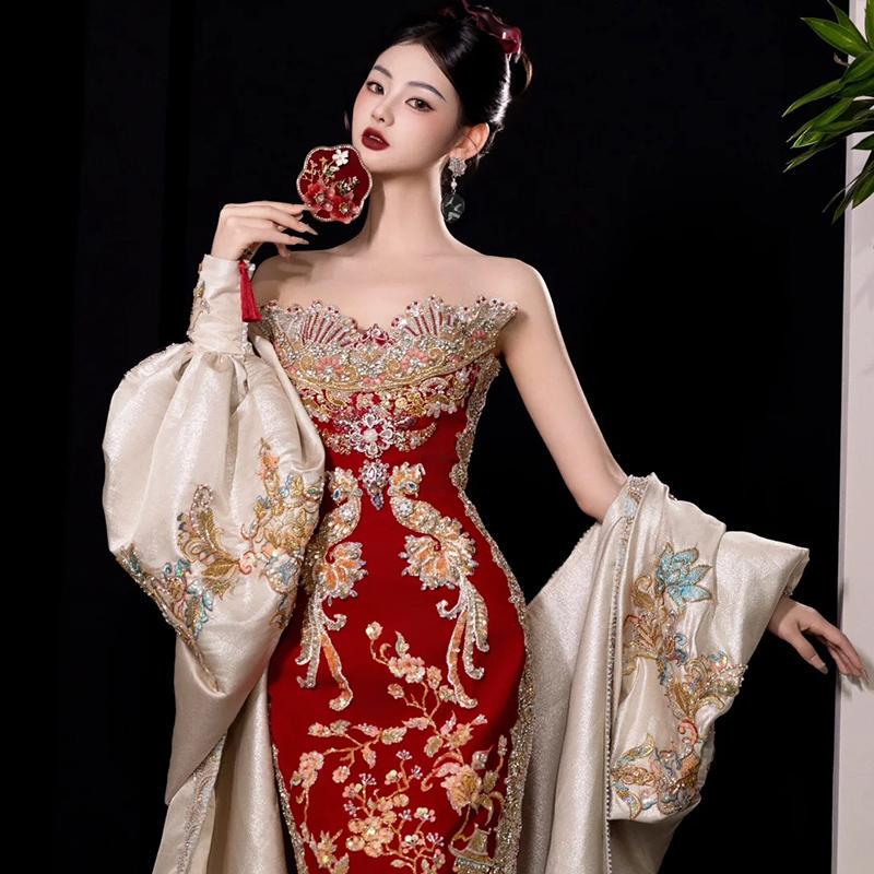 Xiuhe Wedding Dress 2026 New Style Strapless Toast Shawl for the Bride, Indonesian Chinese-Style Wedding Dress, Bride's Engagement Banquet Dress