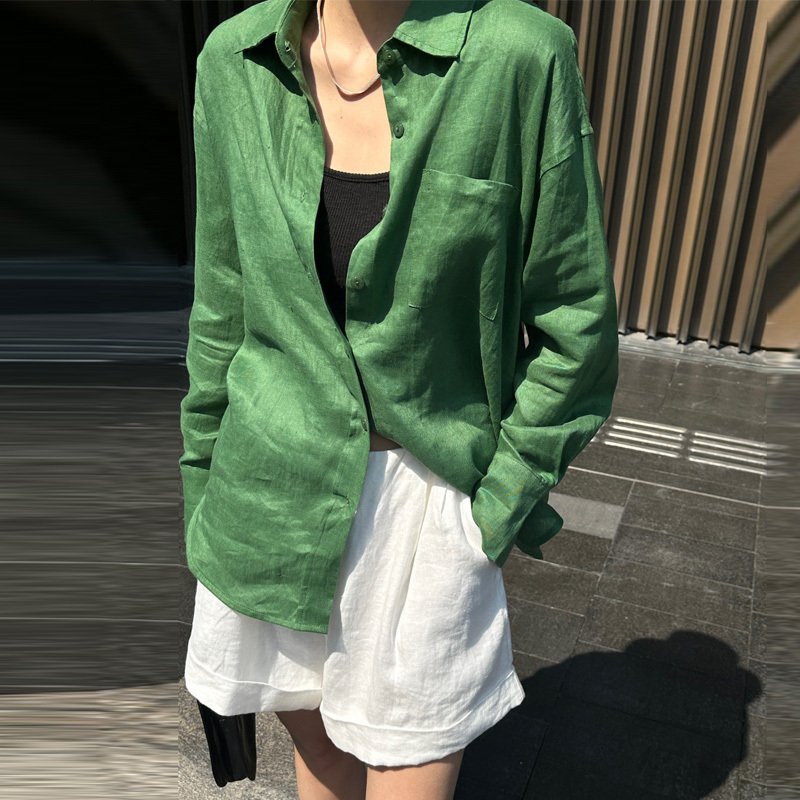 Trendy 2026 Summer 100% Linen Green Shirt for Women, Loose, Lazy Style, Casual, Versatile Long-Sleeved Shirt Jacket