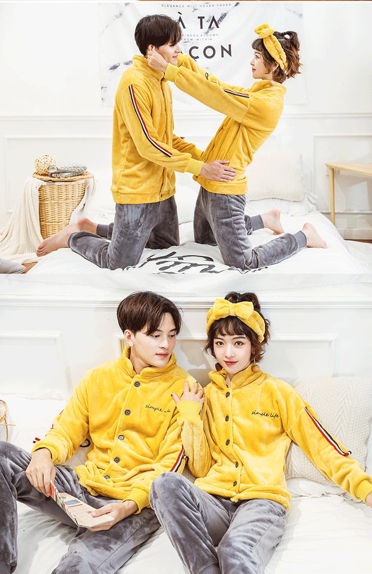Coral fleece vài bộ đồ ngủ dày nam và nữ flannel mở dài tay phục vụ nhà phù hợp với mùa thu và mùa đông mới thời trang mặc nhà 