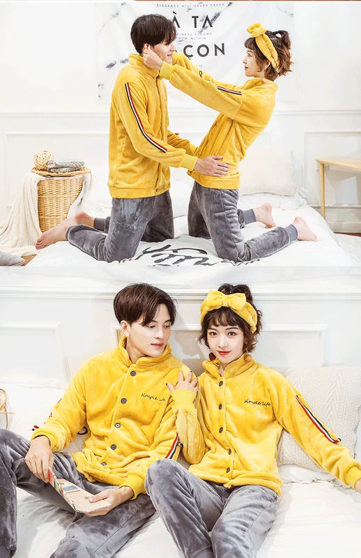 Coral fleece vài bộ đồ ngủ dày nam và nữ flannel mở dài tay phục vụ nhà phù hợp với mùa thu và mùa đông mới