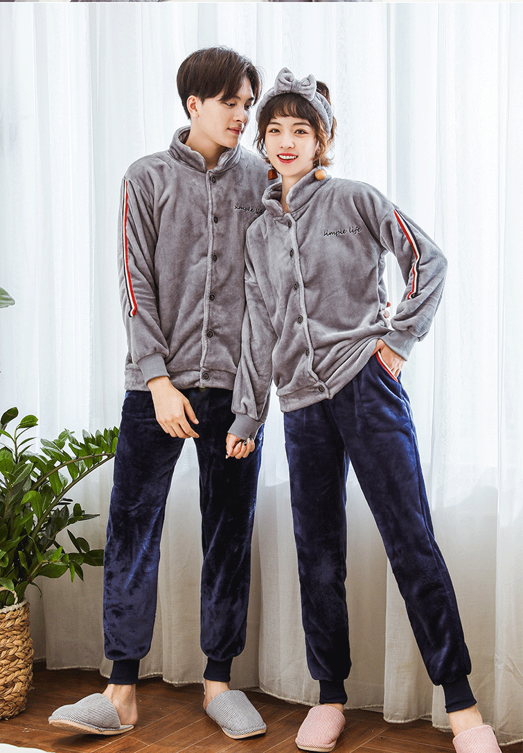 Coral fleece vài bộ đồ ngủ dày nam và nữ flannel mở dài tay phục vụ nhà phù hợp với mùa thu và mùa đông mới thời trang mặc nhà 