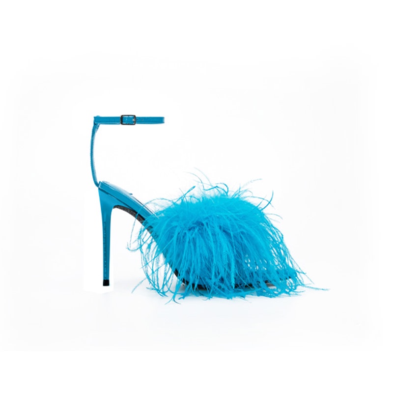 2026 Spring/Summer New Celebrity Style Women's Blue Feather High Heels Versatile Strappy Pointed Toe Stiletto Sandals