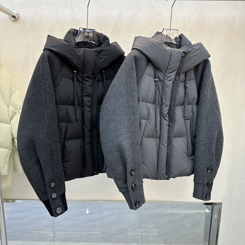 Winter High-End Short Hooded White Duck down Jacket for Women, Korean Style Spliced Fake Two-Piece Gray and Black Slimming Coat
