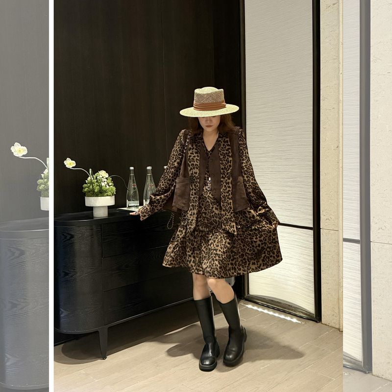 Ye Dafei Ydfstudio Niche Leopard Print New Fashion European Style Leopard Print Patchwork Elegant Dress + Vest Set