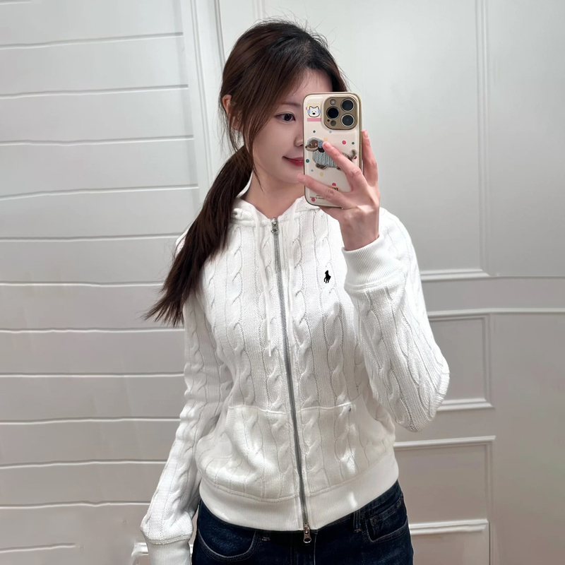 Nanyou Quality! Celebrity-Style Little Horse Embroidered Cable Knit Sweater for Women, Hooded Zipper Sweater with Tie-Up Top for Autumn