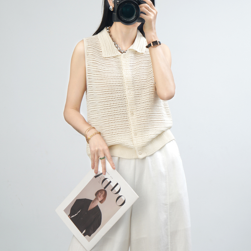 Korean-Style Lapel 28.8% Sheep Wool Hollow Knit Vest for Women, New Summer Sleeveless Sweater Vest