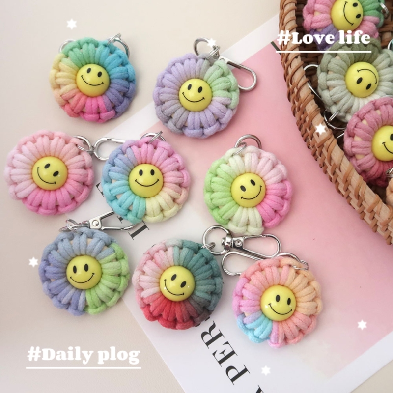 Daisy Smiling Face Sunflower Keychain Keyring Pendant Handmade DIY Gradient Color Cotton Rope Braided Material Kit Daisy Smiling Face Sunflower Keychain Keyring Pendant Handmade DIY Gradient Color Cotton Rope Braided Material Kit