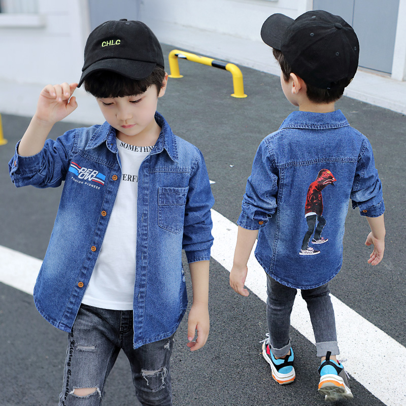 Boys' Denim Shirts Spring and Autumn Models Middle-aged Children's Long-sleeved Shirts Children's Cardigan Shirts Thin Sections Handsome Trend