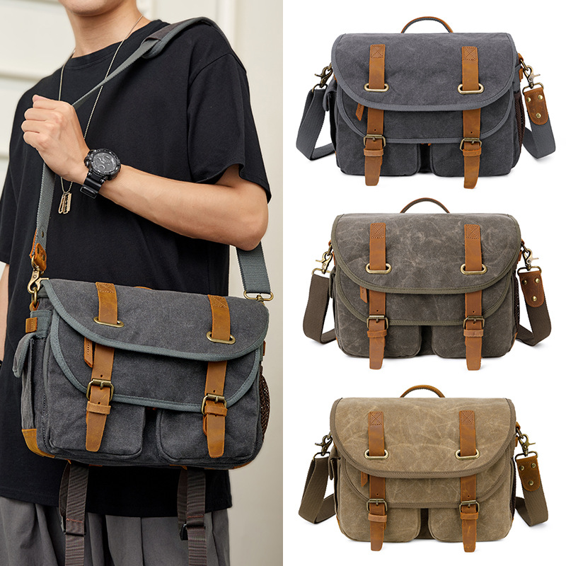 New canvas with cowhide bag shoulder messenger camera bag casual liner single eye camera bag waterproof messenger bag