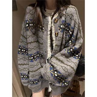 FILLE｜费尔岛蕾丝大开衫 格雷系复古提花氛围松弛感针织毛衣外套