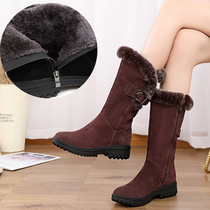 Snow boots female leather winter 2020 new slope heel thick bottom rabbit wool cotton boots plus velvet flat size medium boot