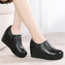 Womens shoes with thick soles spring and autumn high-heel leather single shoes womens 2021 new waterproof platform slope heel small leather shoes
