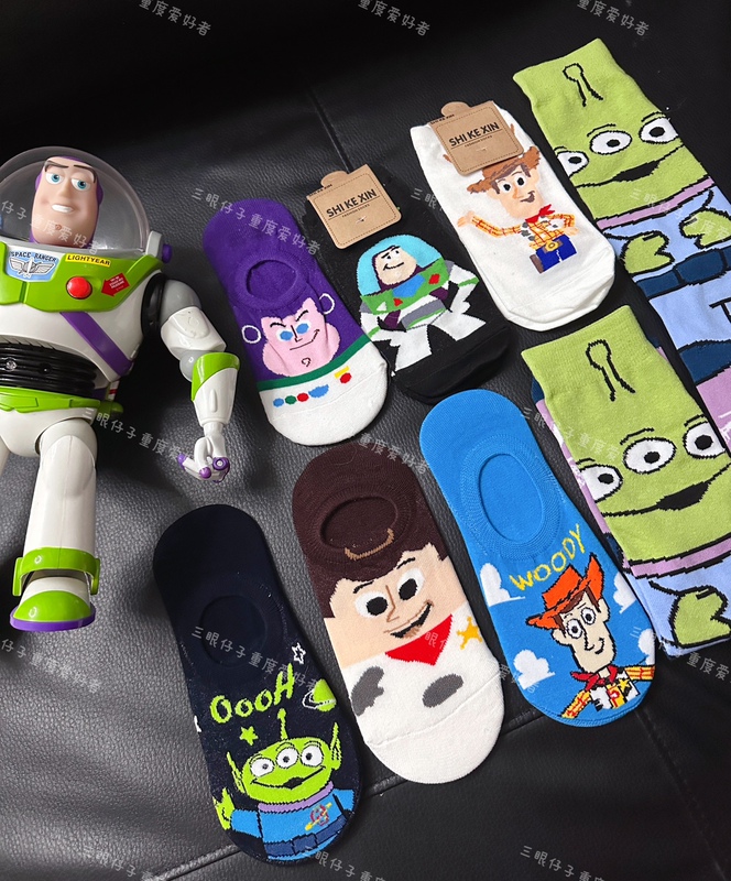Buzz Lightyear, Woody, and Three-Eyed Alien Long Tube Cross-Border Cartoon Cute Trendy Fashion Unisex Boat Socks, Short Socks, Cotton Socks