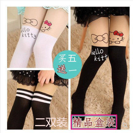 Spring and Autumn Girls Thin Socks Velvet Fake Middle Barrel Pants Children's Stitching Silk Stockings KT Cat Pantyhose
