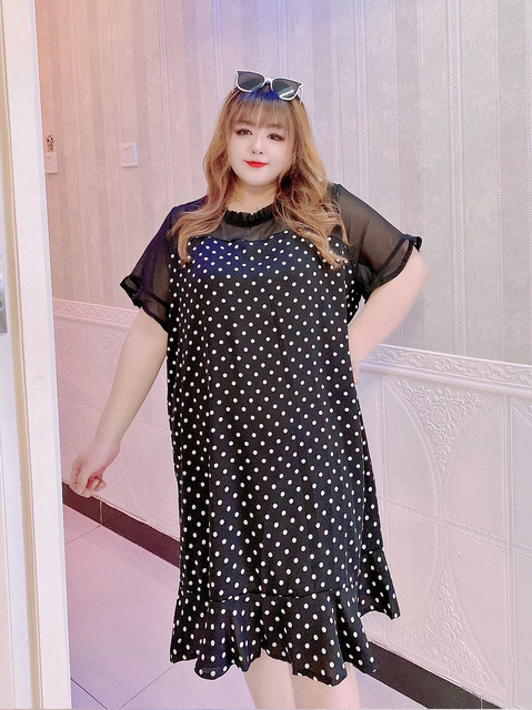 300 pounds light tulle sleeves polka dot skirt sweet short sleeve dress loose slimming hello fat girl ເຄື່ອງນຸ່ງຜູ້ຍິງຂະໜາດໃຫຍ່ພິເສດ