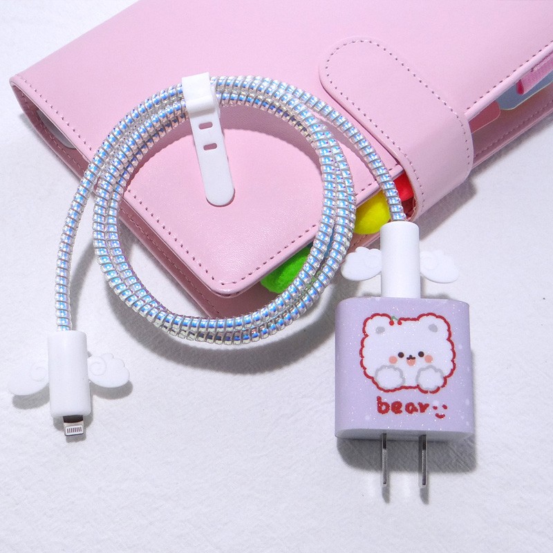 Purple Little Bear Apple 13 12 data line protective sheath Applicable 20W Fast charger sticker 11pro winding wire