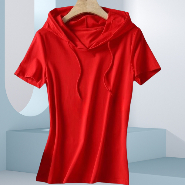 2025 Spring Base Layer Pure Cotton Red Short-Sleeve Hooded T-Shirt for Women, Slim Fit Top with Hood, Solid Color Simple Hoodie