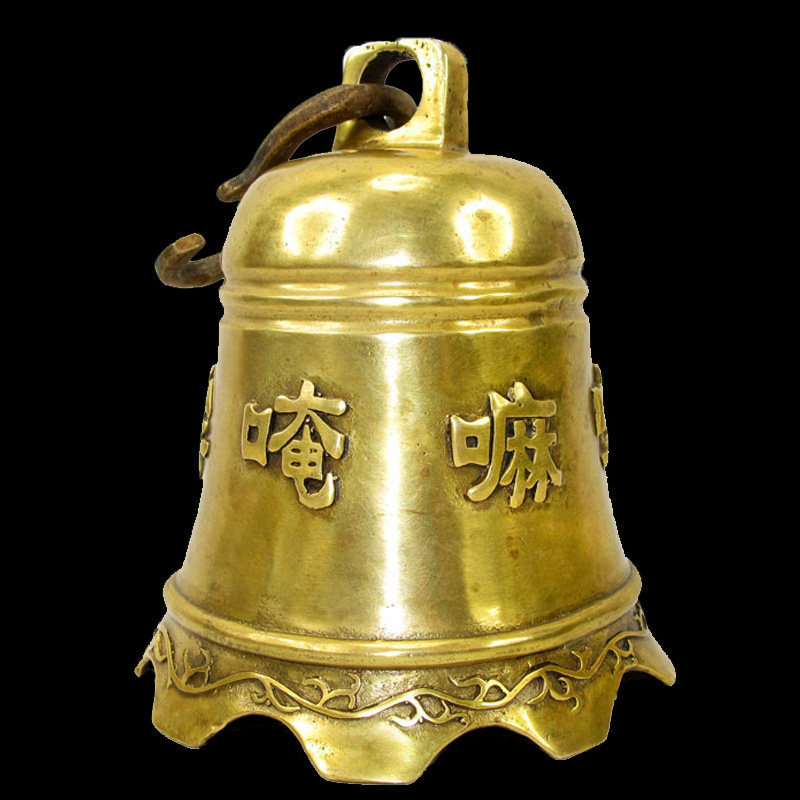Pure brass six-character truth copper bell Large peace bell Feng Shui Buddha Hall hanging copper bell Panhua five yellow two black ornaments