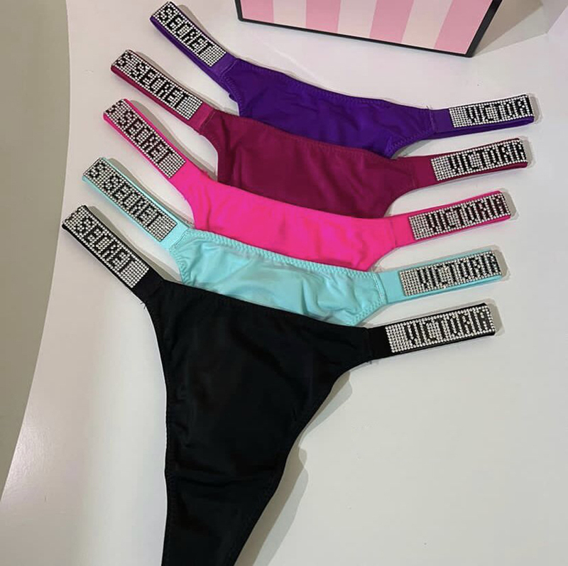 Victory Sexy Rhinestone Logo Thong Low-Rise Seamless Fluorescent Color T-Pants Silky Smooth Half-Coverage Panties