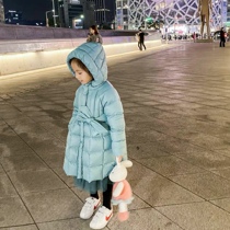 Shi Pea girls Down jacket Wild baby blue yarn long childrens clothing childrens lace-up hooded down jacket