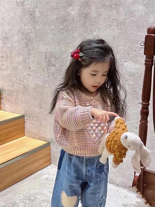 Miyababy Girls' Heavy-Duty Gradient Knit Sweater 2023 Spring Popcorn Stitch Sweater Baby Wool Sweater