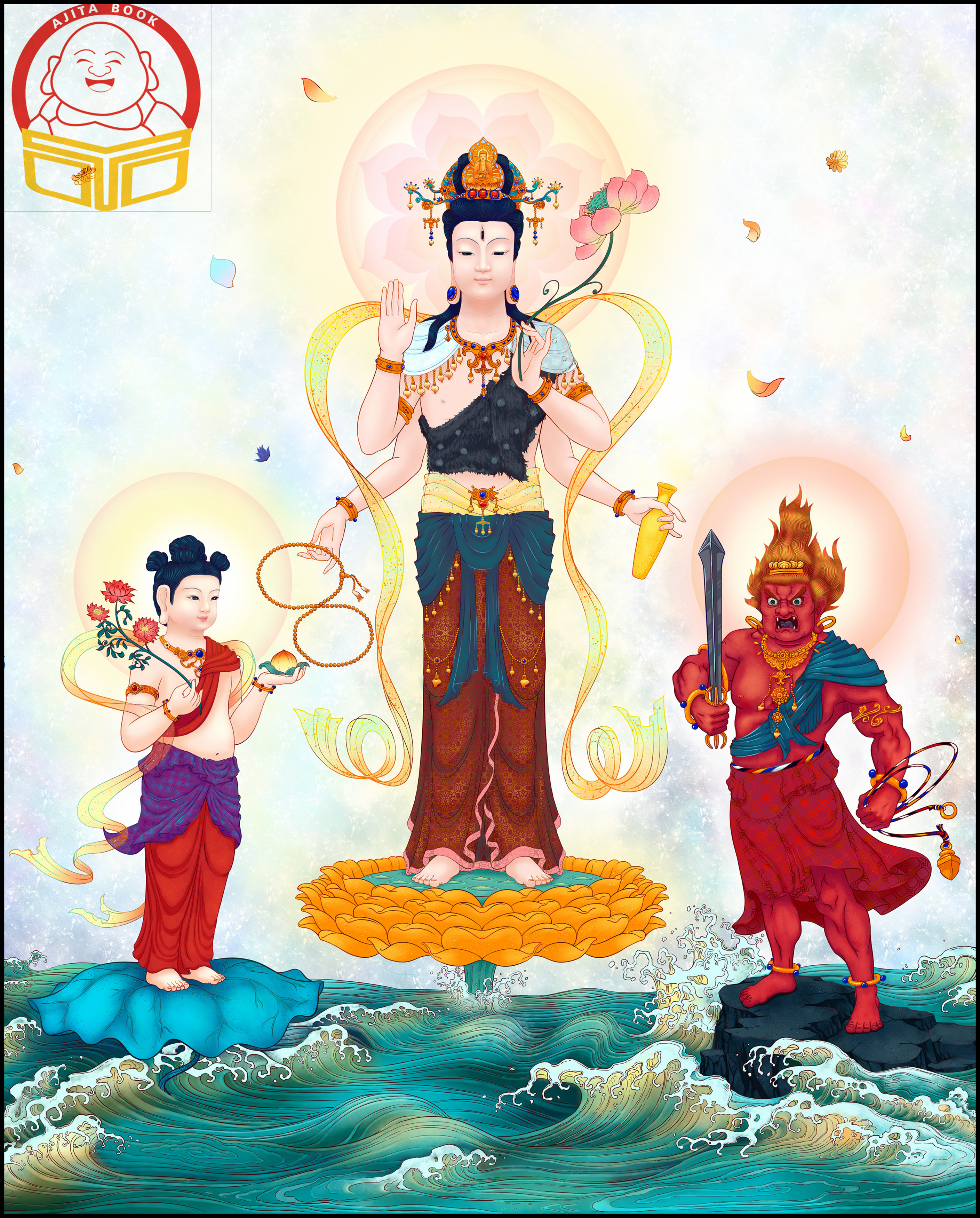 High definition four-arm not empty silk Soguanyin Bodhisattva Buddha statue hanging picture frame home worshipping with a piece of paper begging for financial marriage-Taobao