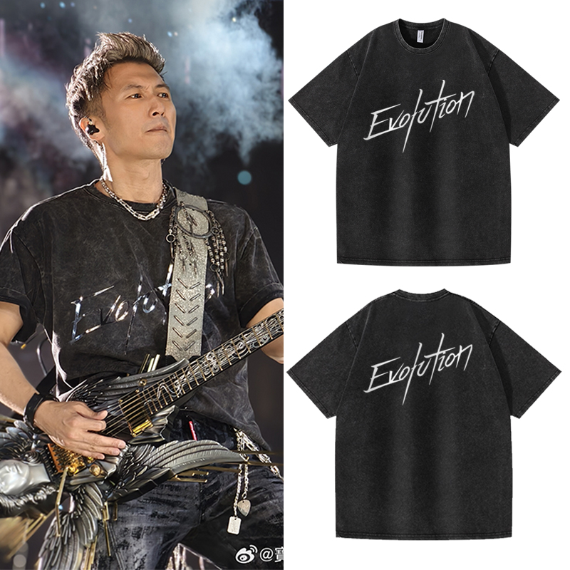 ニコラス・ツェー2025コンサート同スタイル周辺反射半袖Tシャツウォッシュブラックヘビーコットンメンズとレディーストップス