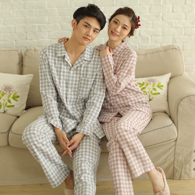 Mùa hè mỏng Nhật Bản kẻ sọc dịch vụ tại nhà cho nam giới cotton gạc vài bộ đồ ngủ phụ nữ mùa xuân và mùa thu bông tinh khiết dài tay nam giới - Giống cái