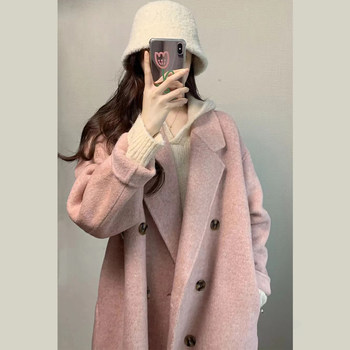 Pink woolen coat women's new autumn and winter woolen coat