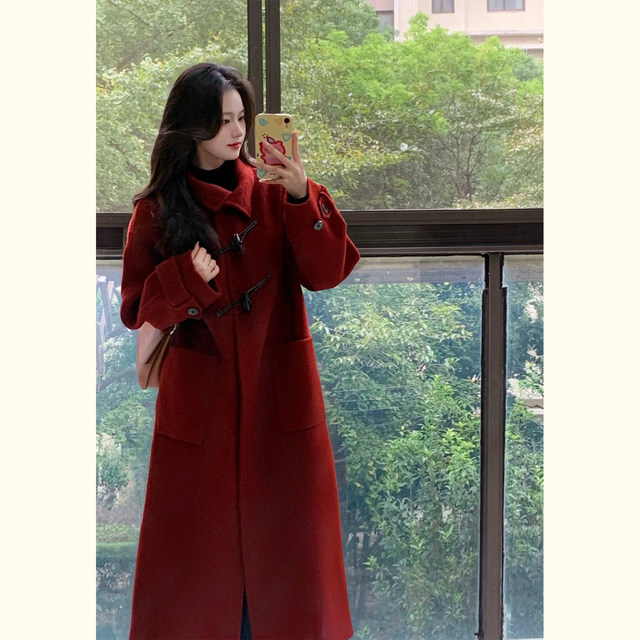 韩系红色毛呢大衣女中长款牛角扣赫本风小个子秋冬装新款呢子外套