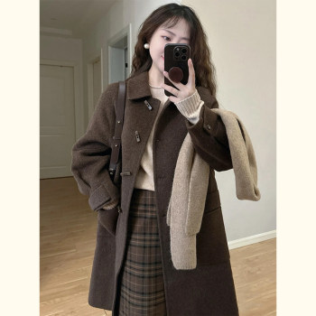 Coffee woolen coat mid-length small wool coat