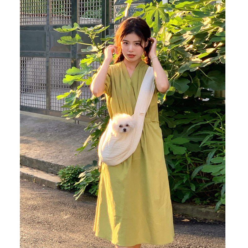 Clearance Special Cotton Linen Dress Women's Korean Version Slim Waist Slim Temperament V Neck Puff Sleeve Age Reducing Long Version Skirt
