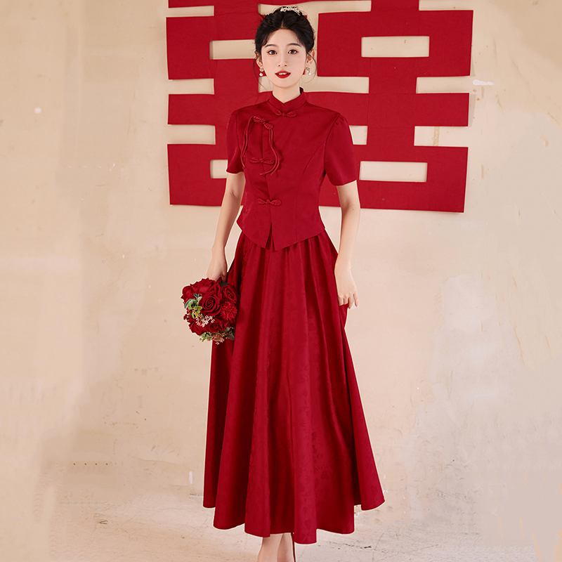 New Chinese-Style Bride Wedding Cheongsam, High-End Summer Burgundy Two-Piece Set for Homecoming, Engagement Dress, Toast Dress for Women