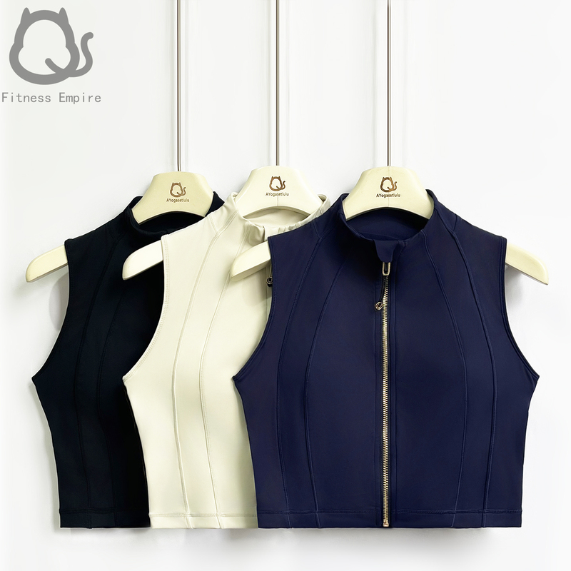 Lutie Mao All-In-One Cup Women's Sports Vest Sleeveless Zipper Fitness Yoga Wear Moisture-Wicking Shockproof Nylon Fabric