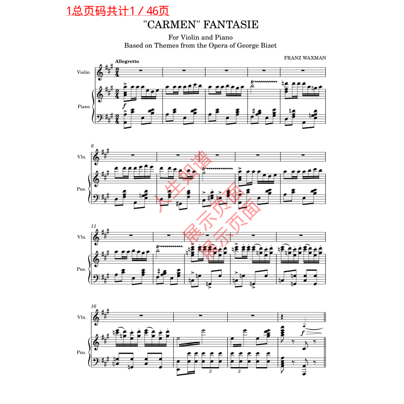 Waxman Carmen Fantasie Violin + Piano Score and Parts Carmen Fantasie Franz Waxman Audio Source File Waxman Carmen Fantasie Violin + Piano Score and Parts Carmen Fantasie Franz Waxman Audio Source File