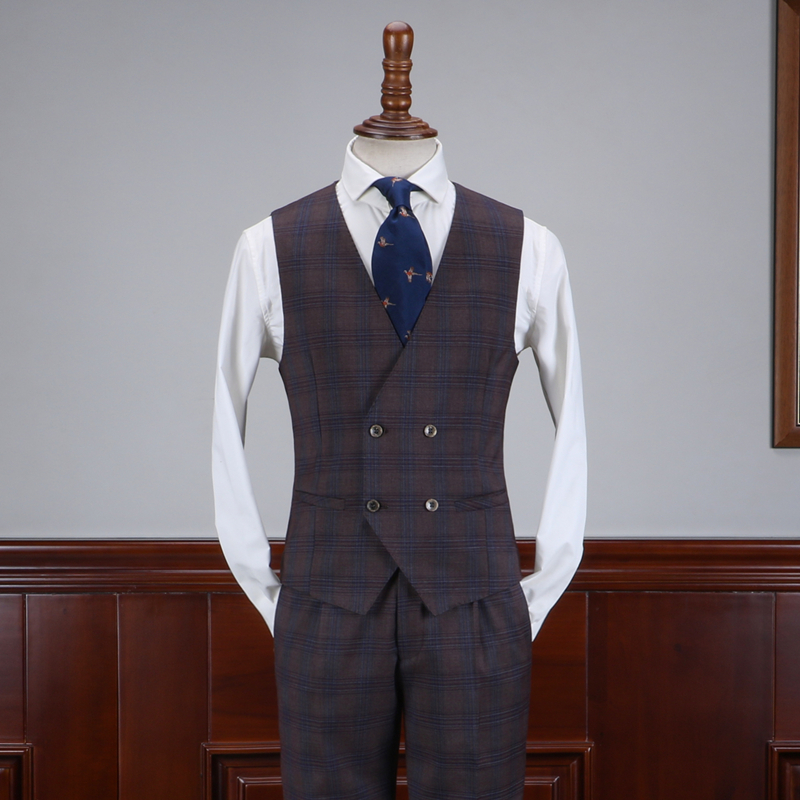 IsirHonour Anh retro kẻ sọc màu nâu Slim vest đôi ngực phù hợp với phiên bản châu Âu và Hàn Quốc của áo ghi lê nam - Dệt kim Vest