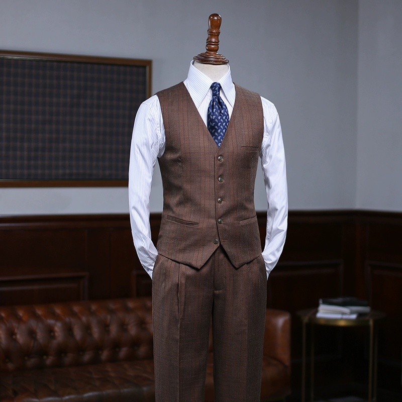 IsirHonour Retro quý ông nâu kẻ sọc mỏng Slim Suit phù hợp với áo ghi lê kẻ sọc Anh phong cách châu Âu và Mỹ - Dệt kim Vest