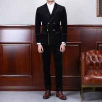 IsirHonour Europe and the United States big black velvet inlaid gold edge double-breasted suit suit plush retro suit men