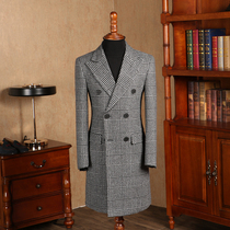 IsirHonour vintage British style Houndstooth plaid split collar wool coat medium-long coat Mens slim coat