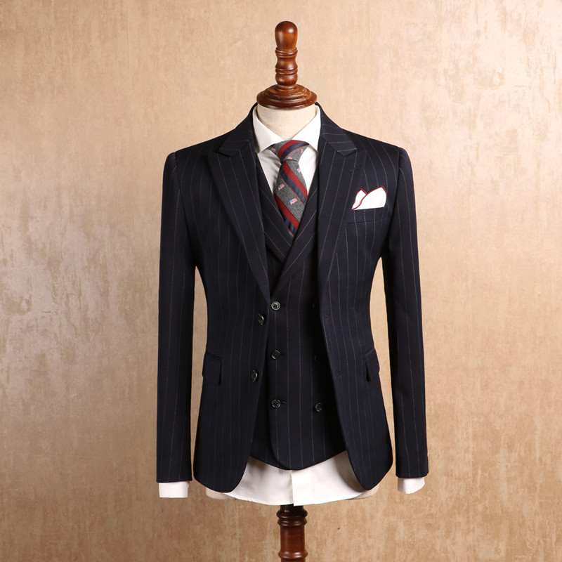 IsirHonour original European and American retro navy blue vertical stripes slim fit lapel collar suit British men's suit