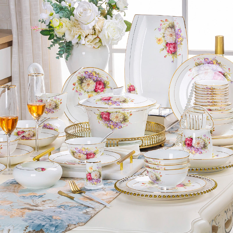 Jingdezhen Chinese bone china tableware dishes set home high-grade depiction gold bowl plate bowl chopsticks combination wedding gift