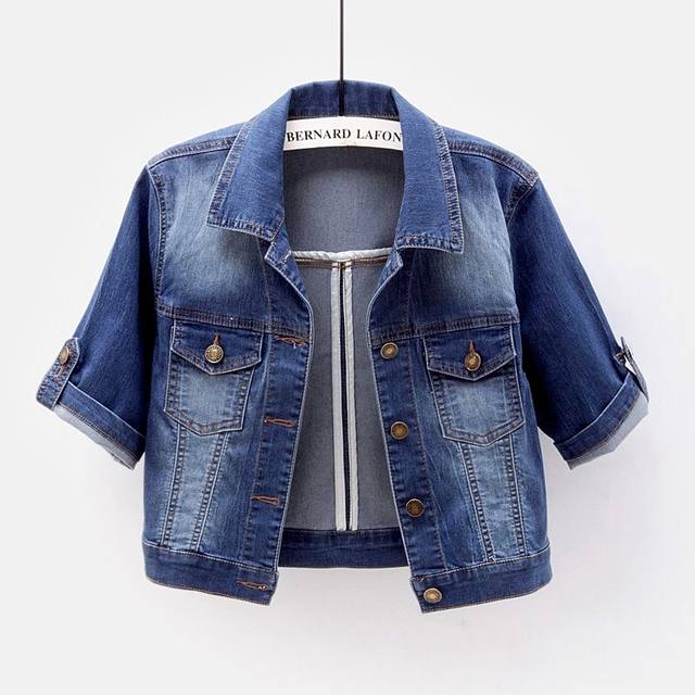 2024 spring and summer stretch thin denim jacket women's short adjustable mid-sleeve cardigan slim top small shawl