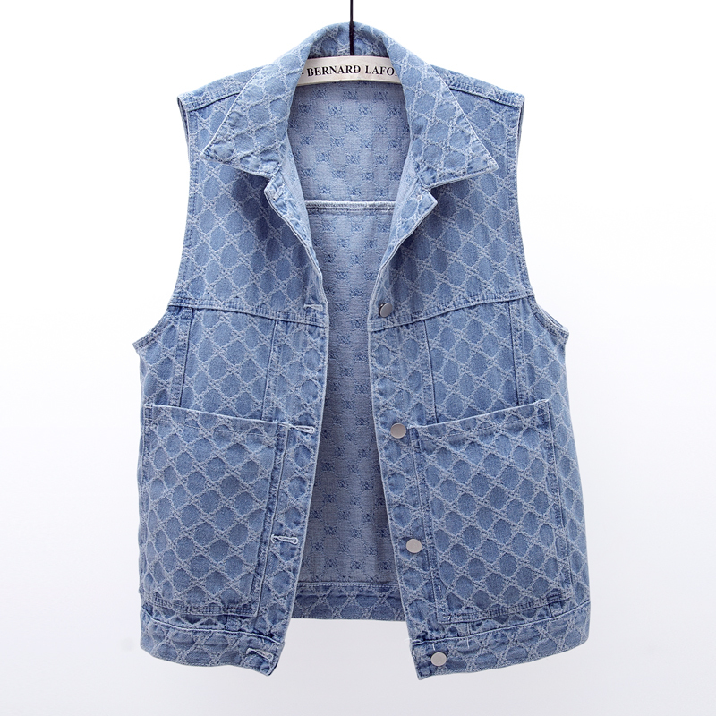 2024 Spring and Autumn Versatile Embroidered Jacquard Large Pocket Denim Vest Women's Patterned Sleeveless Jacket Vest Top Outerwear