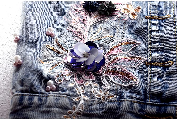 Denim chuồng ngắn 2019 mùa thu váy xe mới hoa của phụ nữ dán nặng hạt móng tay hàng đầu triều sinh viên vai