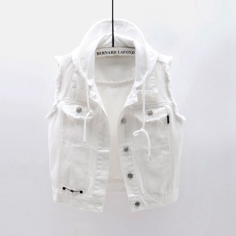 Women's Denim Vest, Short Style, Spring/Summer New Model, Detachable Hood, Fringe Edge, Sleeveless Jacket, Cardigan Top, White, Trendy