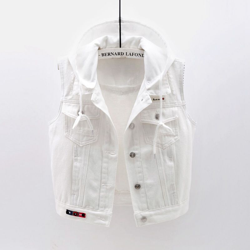 Denim Vest for Women, Short Style, Korean Version, New Spring/Summer Model, Sleeveless Hooded Jacket, Versatile Vest, Student White Top, Trendy Denim Vest for Women, Short Style, Korean Version, New Spring/Summer Model, Sleeveless Hooded Jacket, Versatile Vest, Student White Top, Trendy